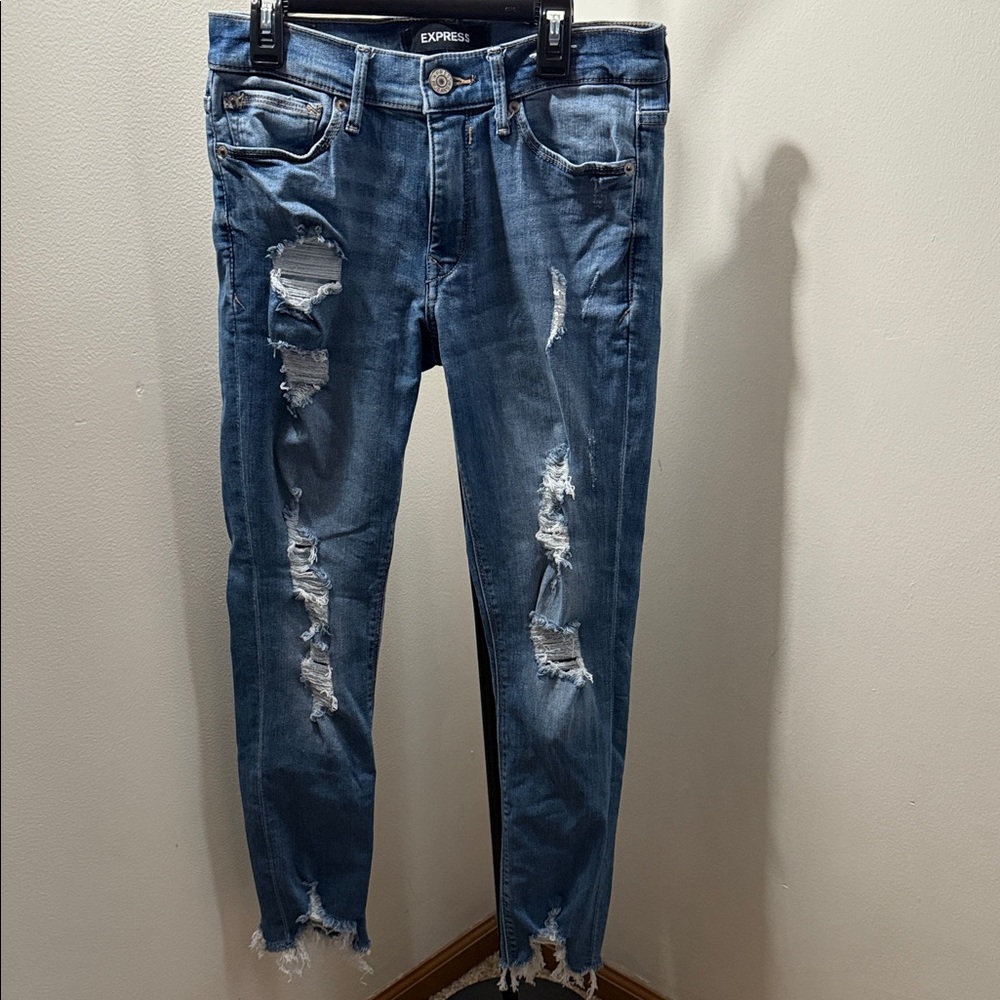Express Distressed Dark Blue Skinny Jeans
